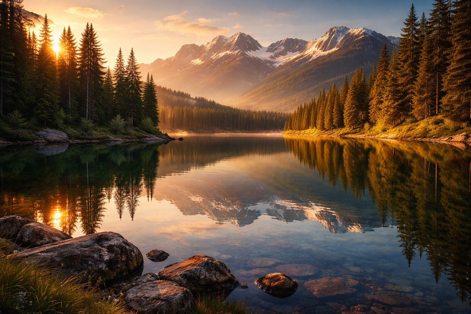 AI-generated photorealistic mountain lake at golden hour with pine trees and reflections